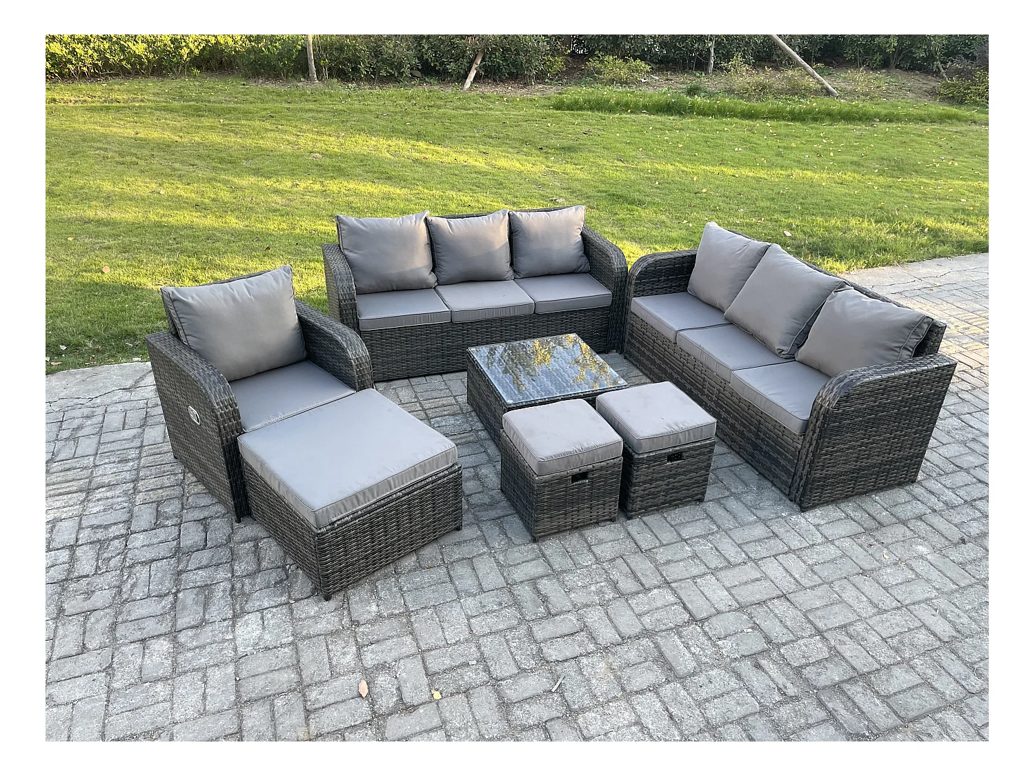 Polyrattan Gartenmöbelset Garten Sofa Couchtisch Set mit Liegestühle 3 Hockern Dunkelgrau Gemischt