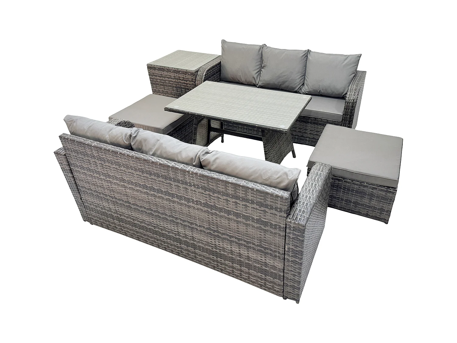 Salon de jardin exterieur 8 places Table à manger rectangulaire 2 Grand tabourets Table d'appoint Gris foncé mixte