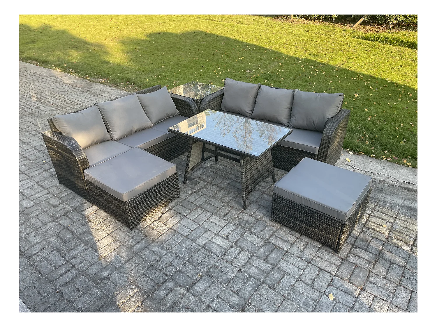 Salon de jardin exterieur 8 places Table à manger rectangulaire 2 Grand tabourets Table d'appoint Gris foncé mixte