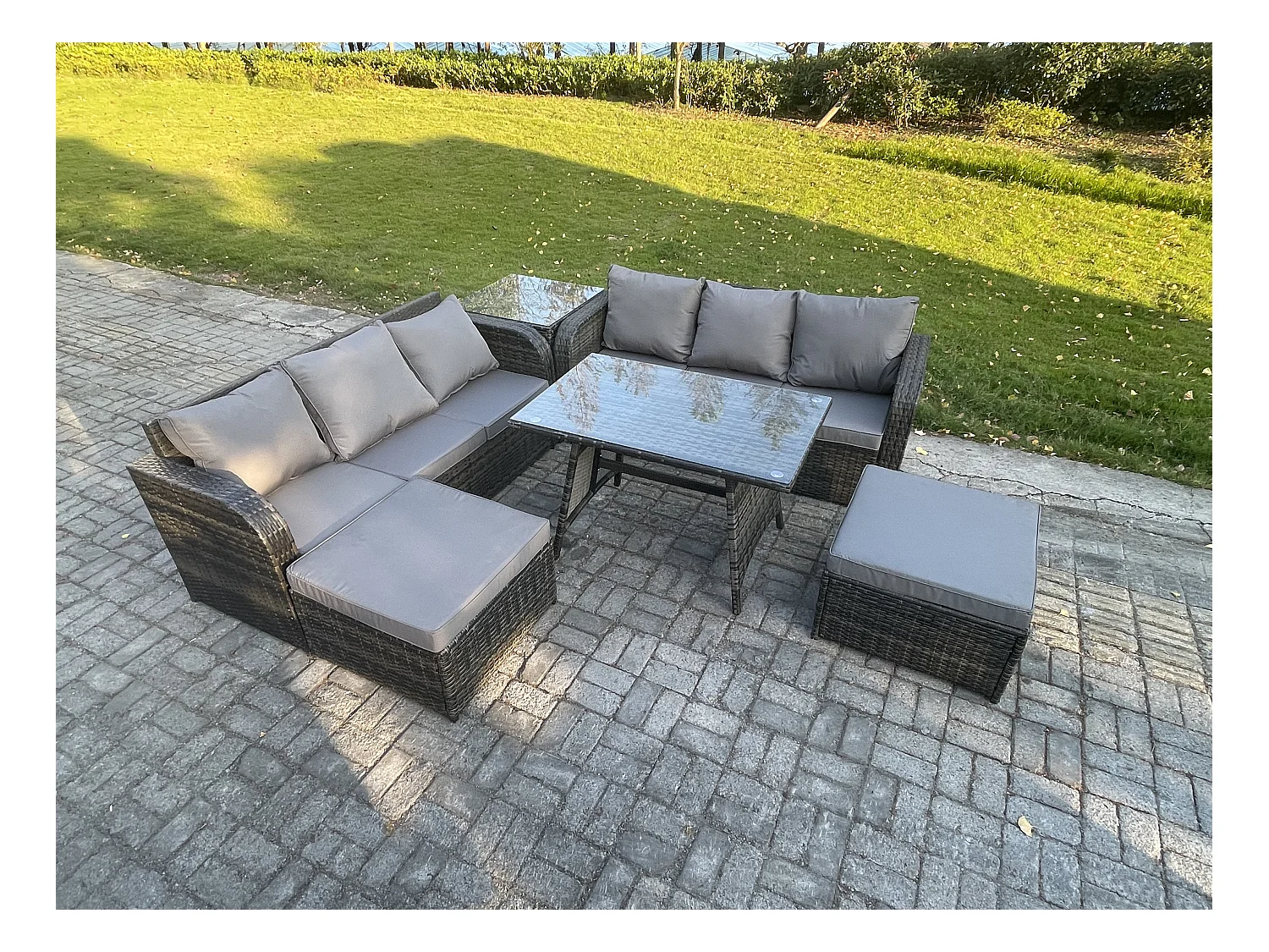 Salon de jardin exterieur 8 places Table à manger rectangulaire 2 Grand tabourets Table d'appoint Gris foncé mixte