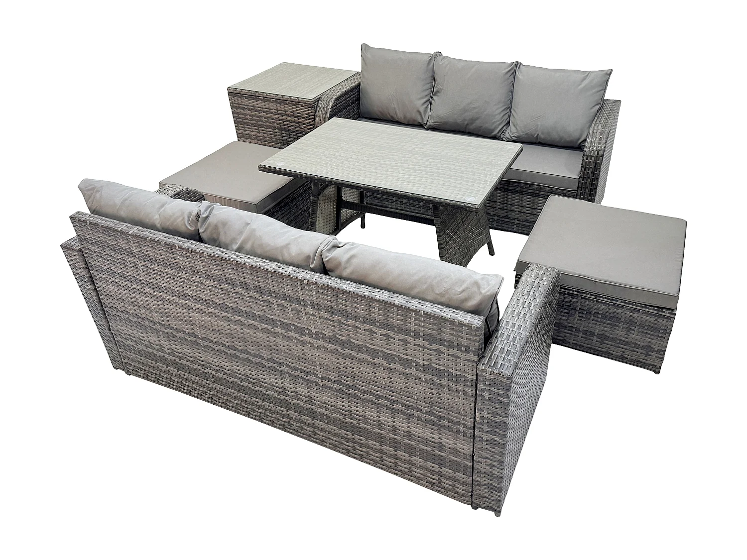 Rattan Gartenmöbel Set 8-Sitzer Rechteckiger Tisch 2 hohen Hockern Beistelltisch Dunkelgrau Gemischt