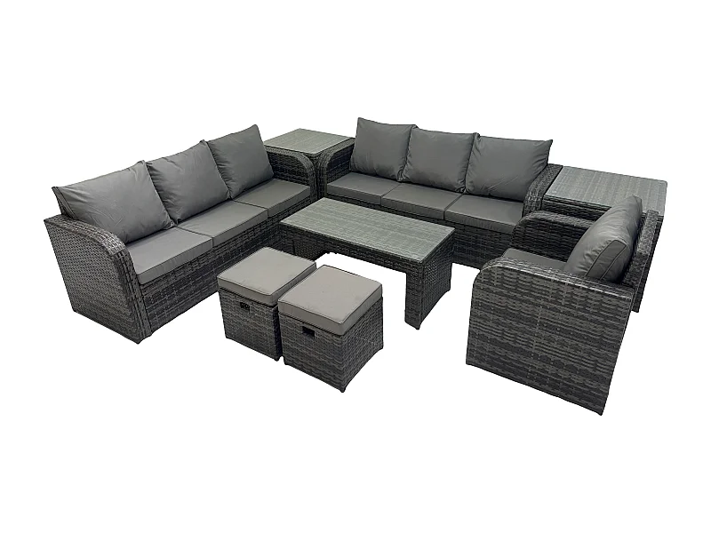 Garten Sofa im Freien Set 9-Sitzer Polyrattan Gartenmöbel Set mit Rechteckiger Couchtisch 2 kleine Fußhockern 3-Sitzer Sofa 2 Beistelltischen Dunkelgrau Gemischt