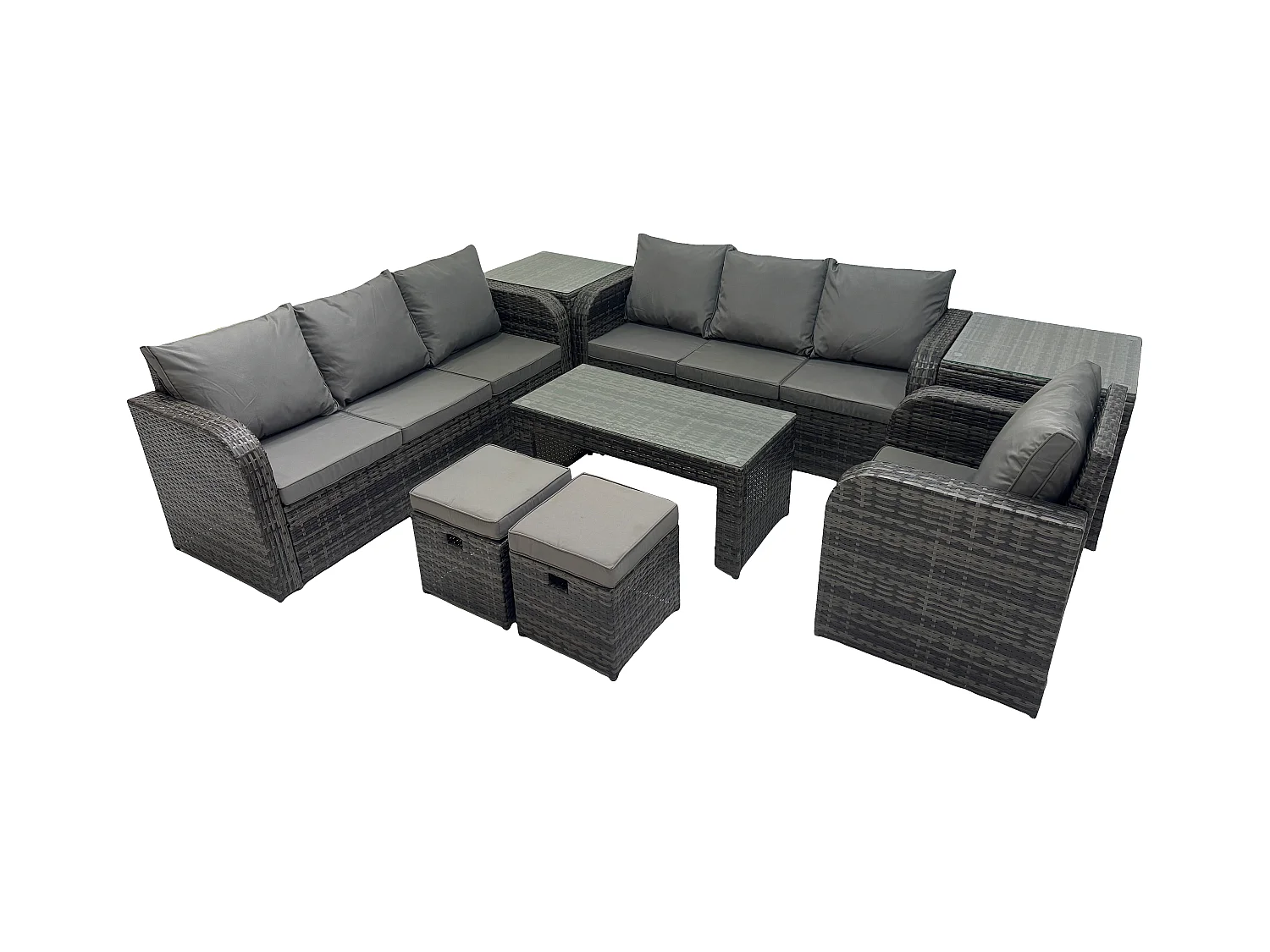 Ensemble de canapés en rotin 9 places Salon de jardin avec Table basse rectangulaire 2 Petits tabourets Canapé 3 places 2 Tables d'appoint Gris foncé mixte