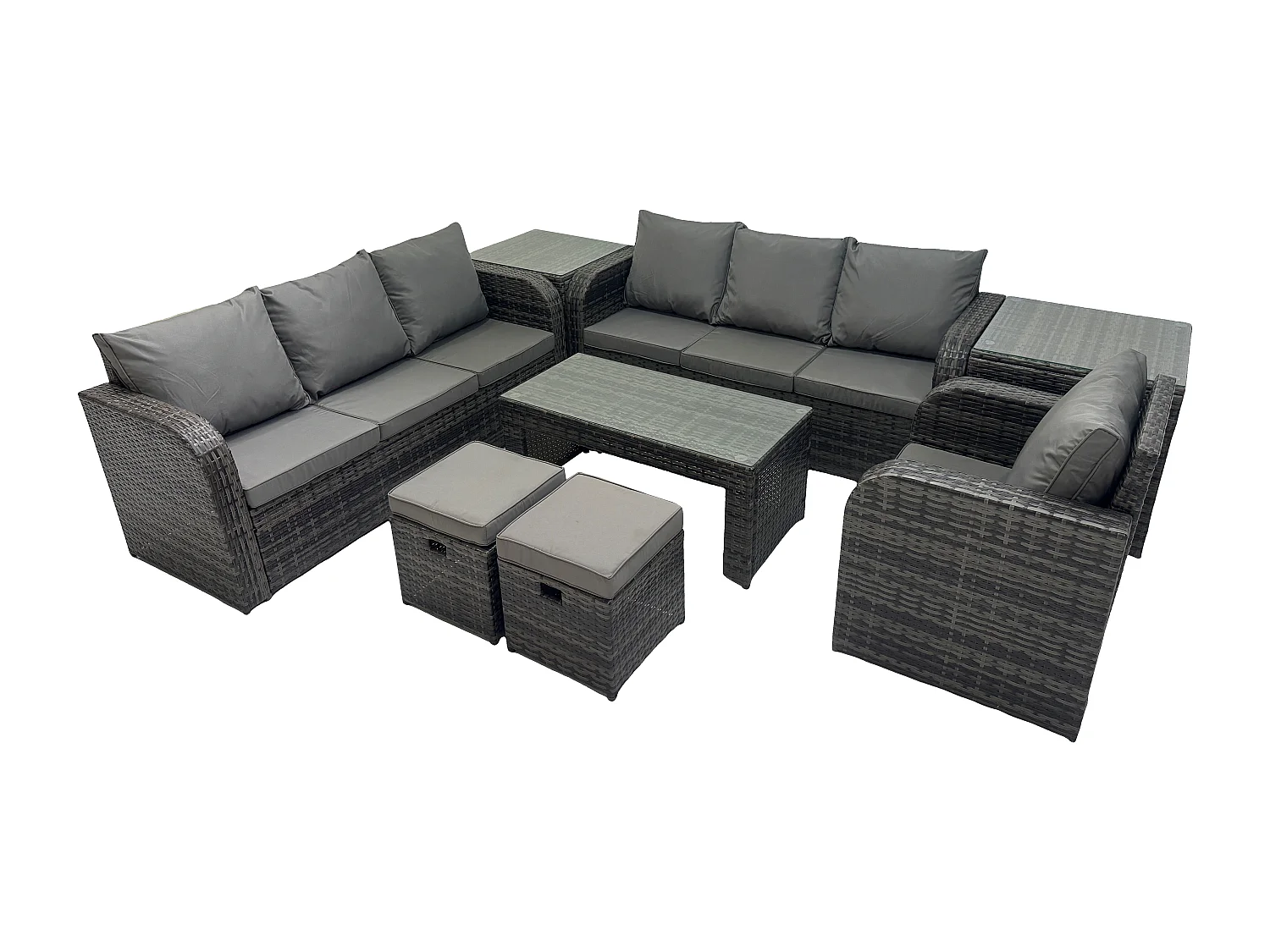 Ensemble de canapés en rotin 9 places Salon de jardin avec Table basse rectangulaire 2 Petits tabourets Canapé 3 places 2 Tables d'appoint Gris foncé mixte