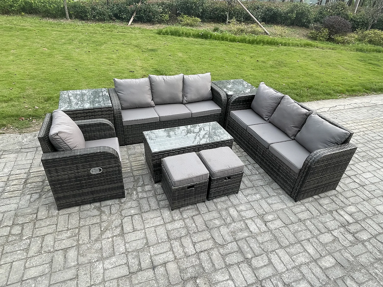 Ensemble de canapés en rotin 9 places Salon de jardin avec Table basse rectangulaire 2 Petits tabourets Canapé 3 places 2 Tables d'appoint Gris foncé mixte