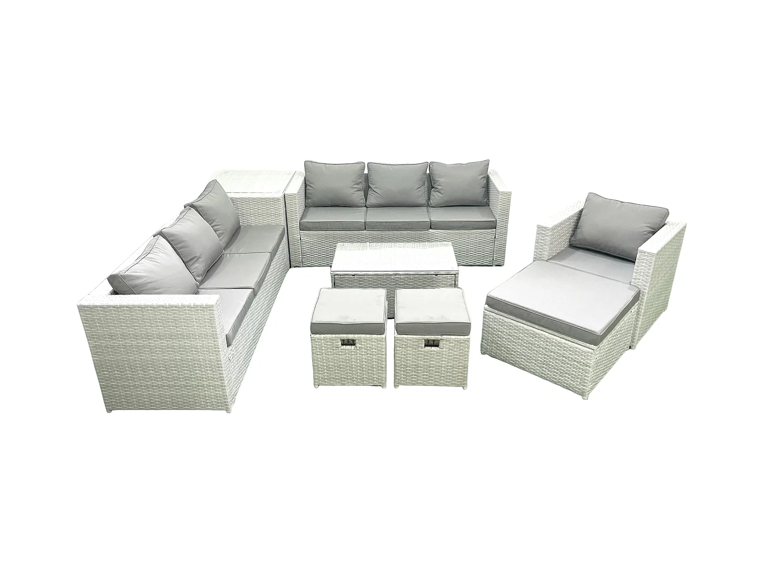 Meubles d'extérieur en rotin avec Fauteuil Table basse oblongue 3 Tabourets Table d'appoint Gris clair mixte