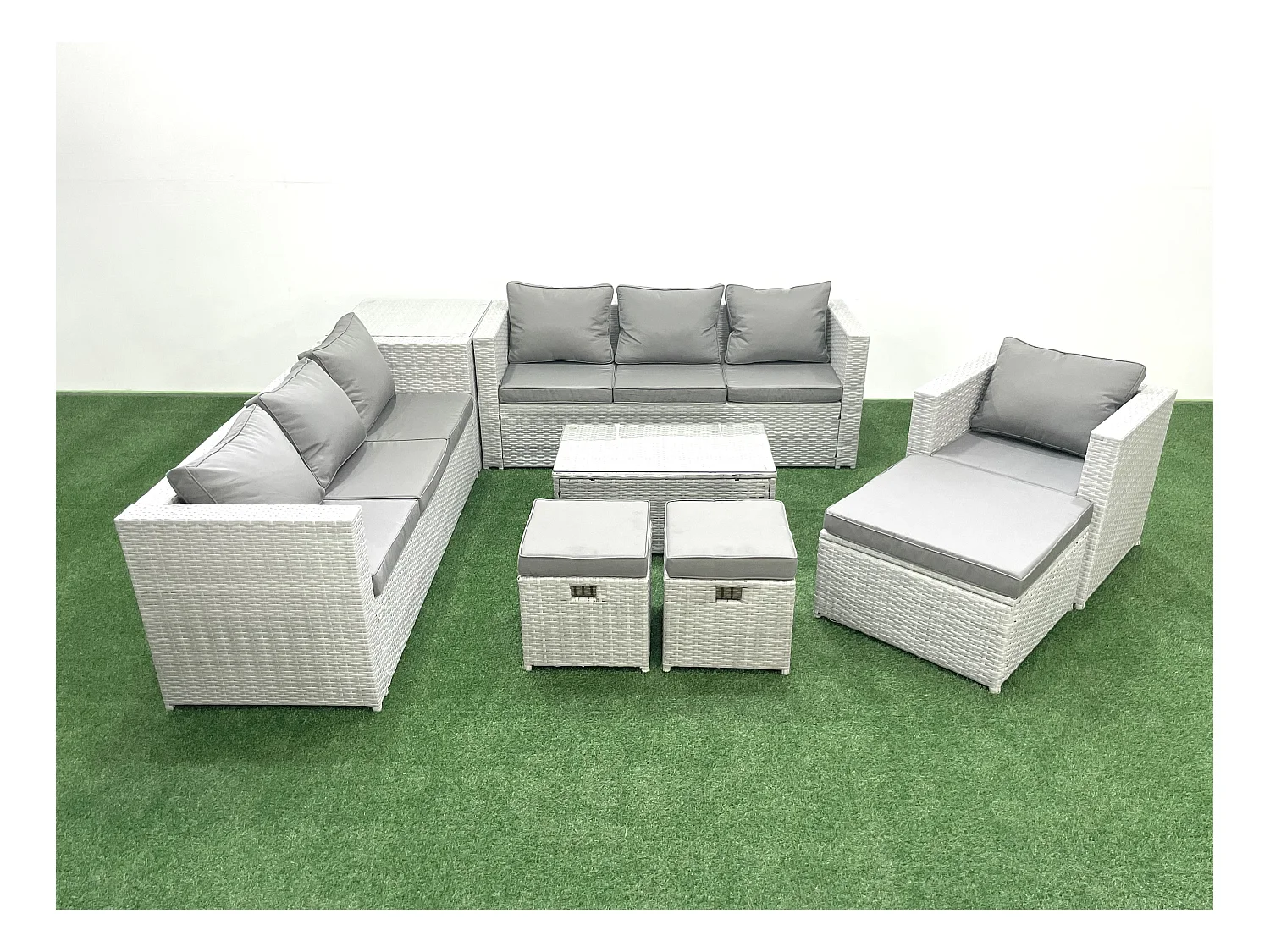 Meubles d'extérieur en rotin avec Fauteuil Table basse oblongue 3 Tabourets Table d'appoint Gris clair mixte