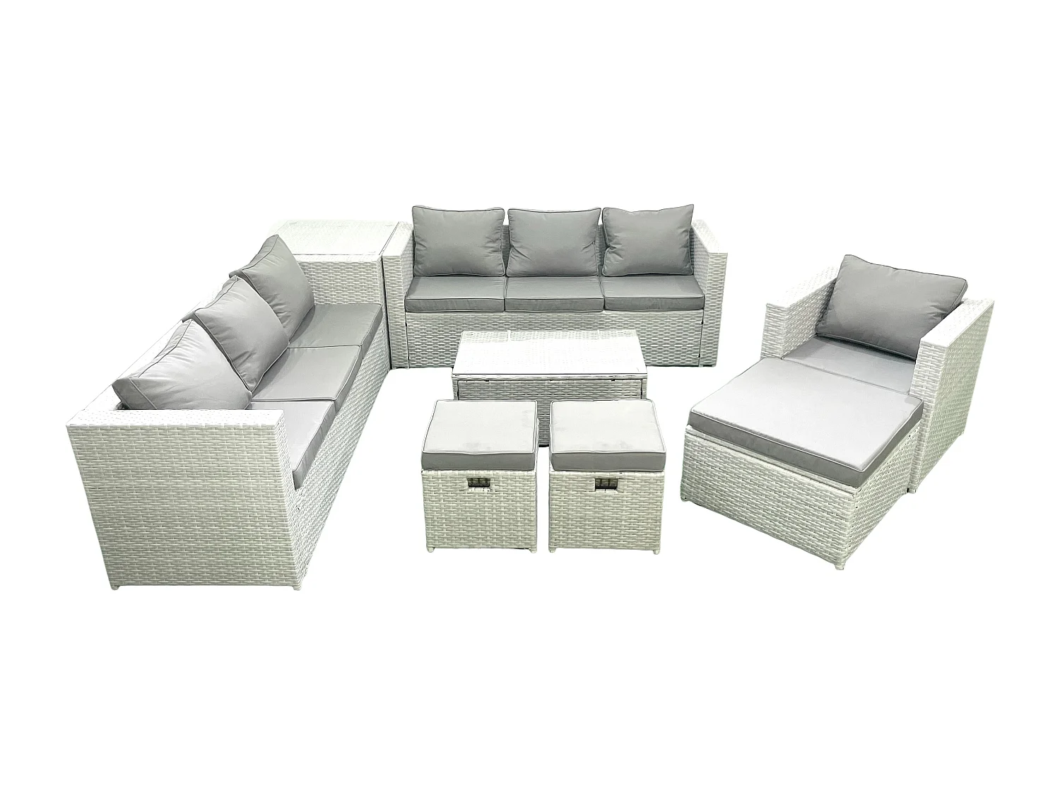 Meubles d'extérieur en rotin avec Fauteuil Table basse oblongue 3 Tabourets Table d'appoint Gris clair mixte