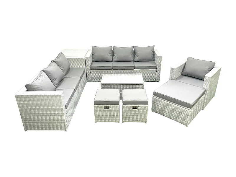 Meubles d'extérieur en rotin avec Fauteuil Table basse oblongue 3 Tabourets Table d'appoint Gris clair mixte