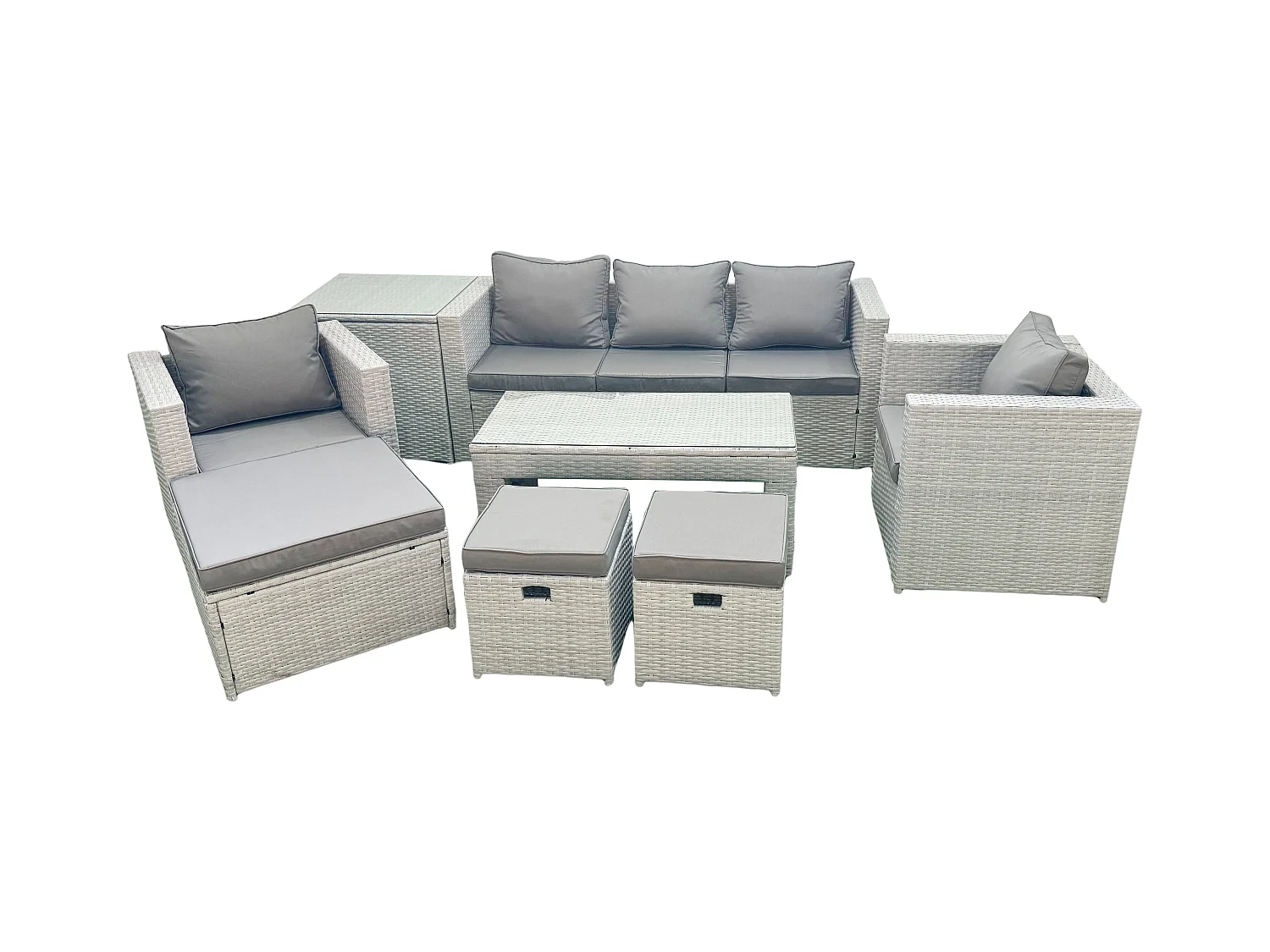 Salon de jardin 8 places Canapé de jardin Table basse oblongue avec 2 Chaises 3 Tabourets Table d'appoint Gris clair mixte