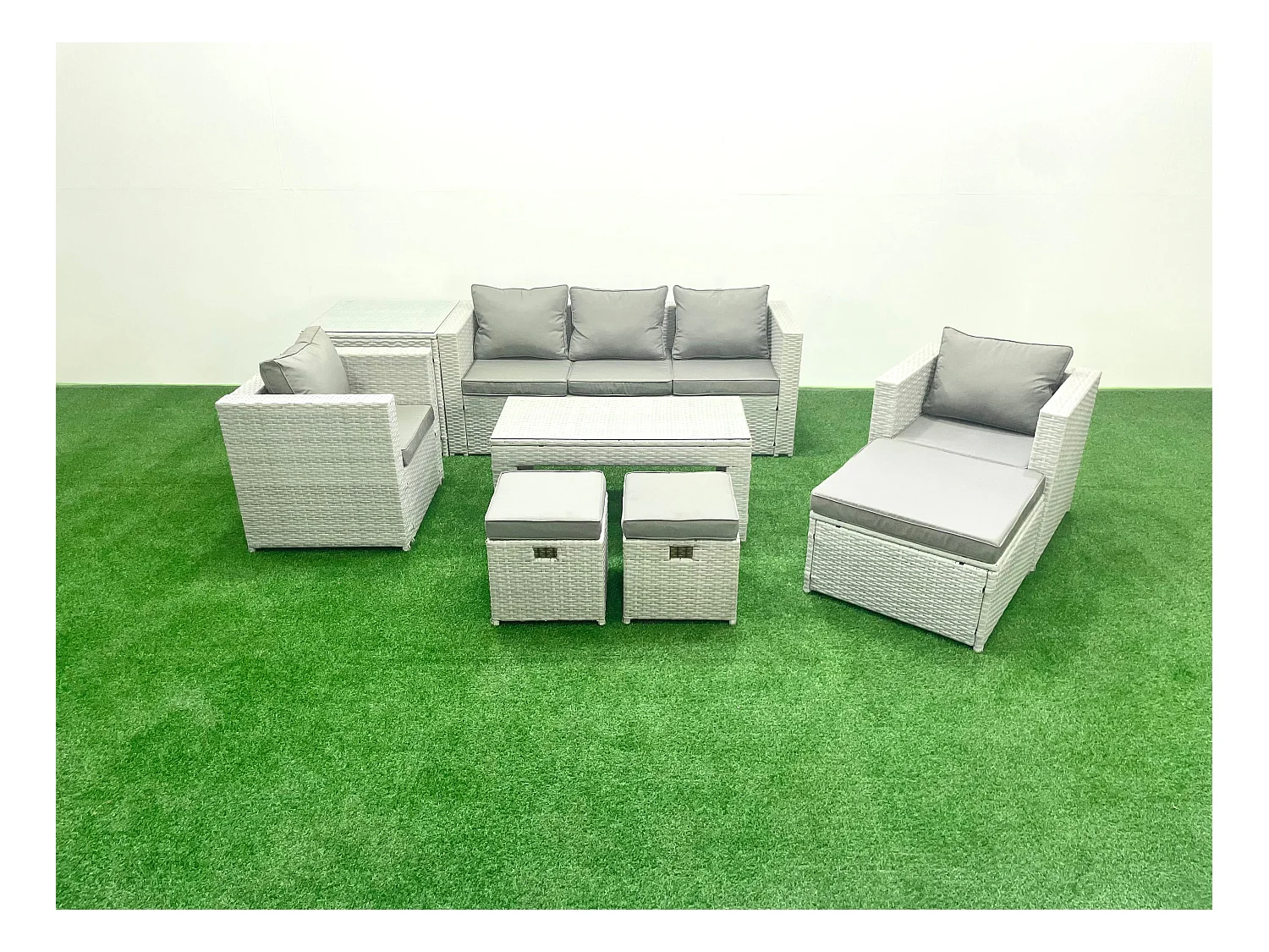 Salon de jardin 8 places Canapé de jardin Table basse oblongue avec 2 Chaises 3 Tabourets Table d'appoint Gris clair mixte