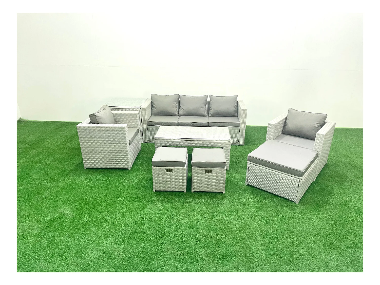 Salon de jardin 8 places Canapé de jardin Table basse oblongue avec 2 Chaises 3 Tabourets Table d'appoint Gris clair mixte