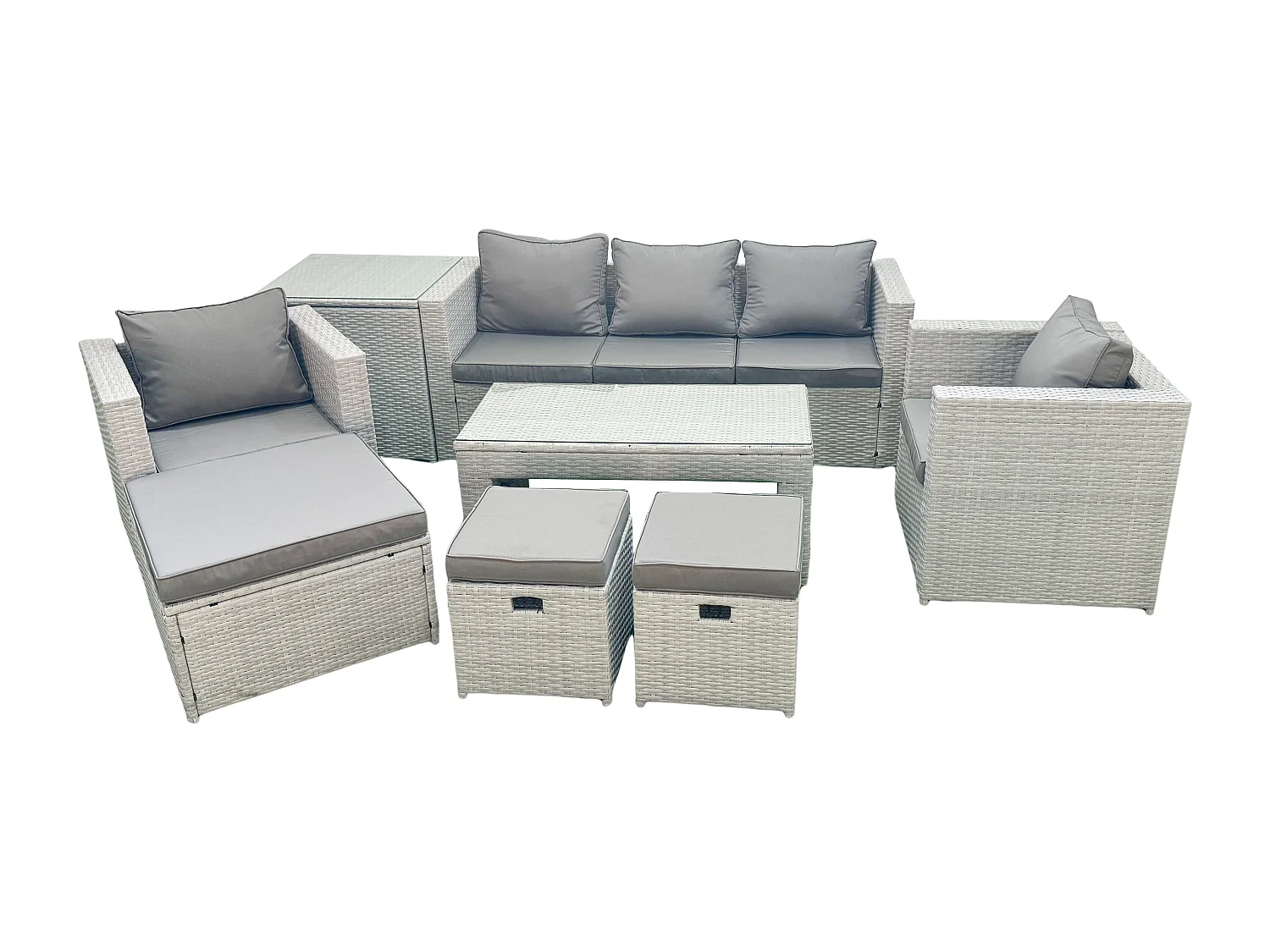 Polyrattan Gartenmöbel Set 8-Sitzer Outdoor Garten Sofa Rechteckiger Couchtisch Set mit 2 Sesseln 3 Hockern Beistelltisch Hellgrau gemischt