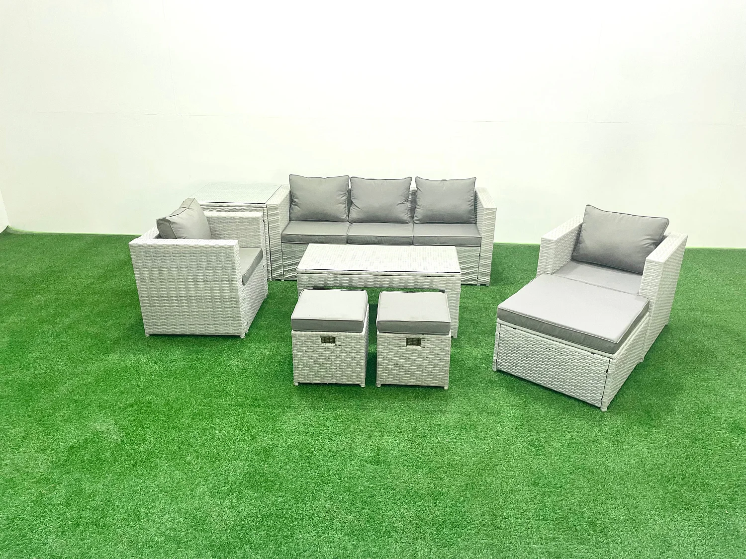 Polyrattan Gartenmöbel Set 8-Sitzer Outdoor Garten Sofa Rechteckiger Couchtisch Set mit 2 Sesseln 3 Hockern Beistelltisch Hellgrau gemischt