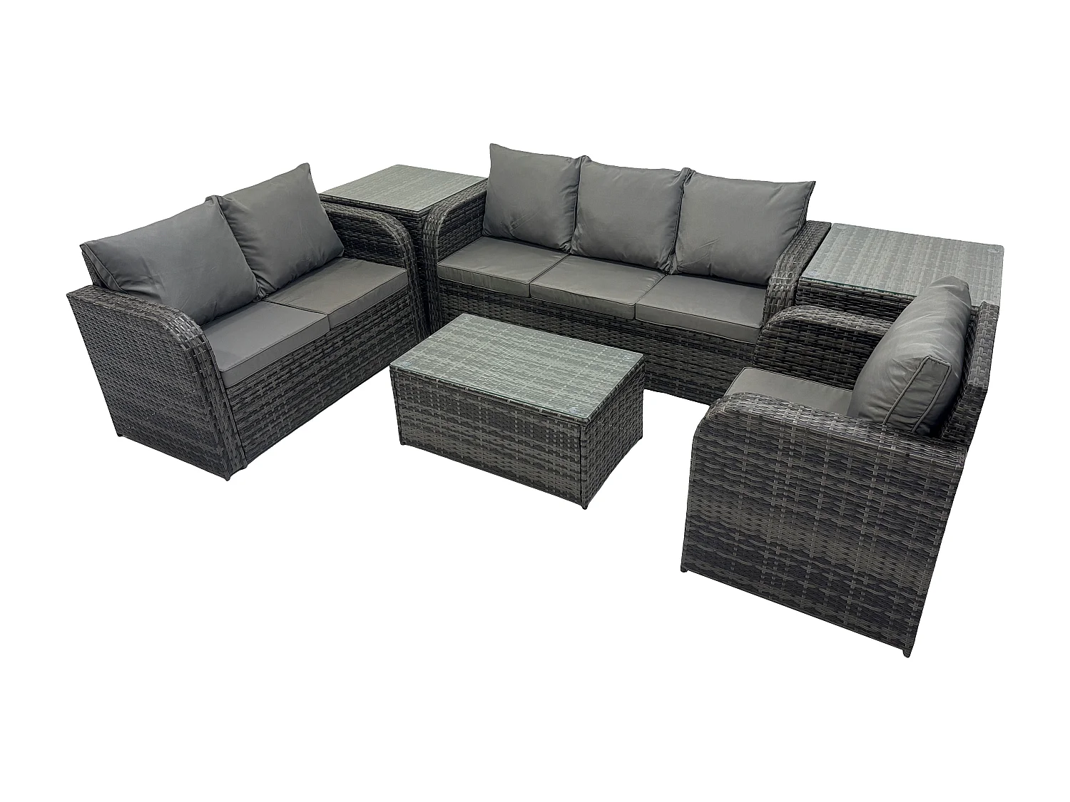 Rattan Gartenmöbel Set im Balkon 6-Sitzer Garten Sofa Set mit Rechteckiger Couchtisch Liegestühle 3-Sitzer Sofa 2 Beistelltischen
