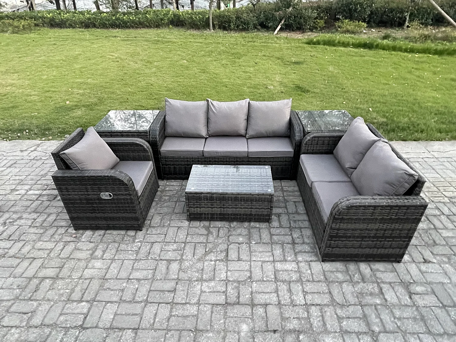 Rattan Gartenmöbel Set im Balkon 6-Sitzer Garten Sofa Set mit Rechteckiger Couchtisch Liegestühle 3-Sitzer Sofa 2 Beistelltischen