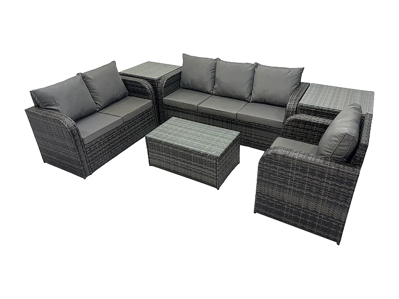 Rattan Gartenmöbel Set im Balkon 6-Sitzer Garten Sofa Set mit Rechteckiger Couchtisch Liegestühle 3-Sitzer Sofa 2 Beistelltischen