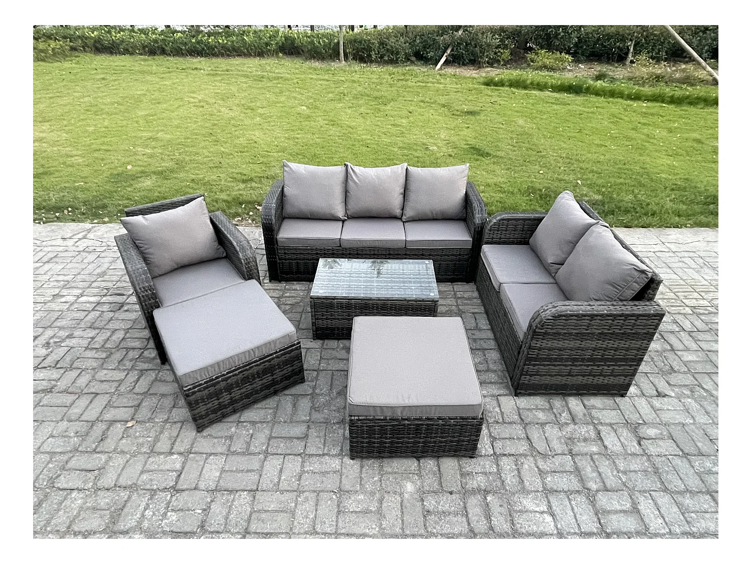 8-Sitzer Gartenmöbelset Rattan Garten Sofa im Freien Sessel mit Gehärteter Glastisch 2 hohen Hockern Dunkelgrau Gemischt