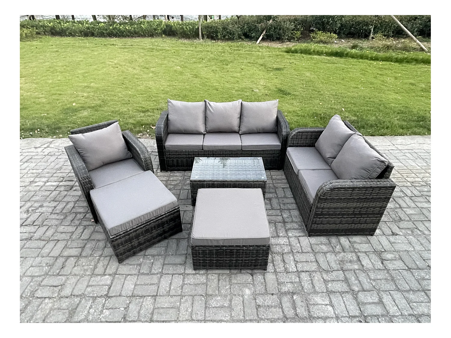 8-Sitzer Gartenmöbelset Rattan Garten Sofa im Freien Sessel mit Gehärteter Glastisch 2 hohen Hockern Dunkelgrau Gemischt