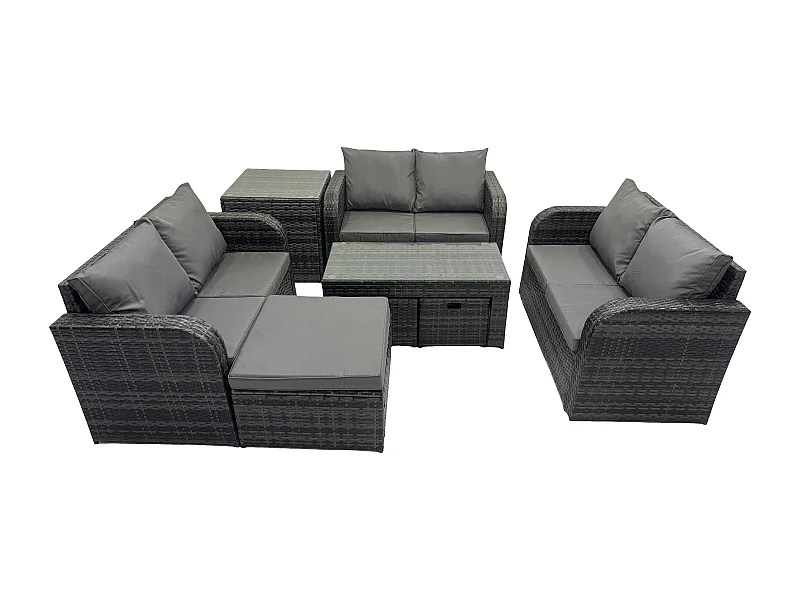 Gartenmöbel-Sets 8 Stücke Polyrattan Möbel Sofa Set mit Rechteckiger Couchtisch Loveseat Sofa 3 Hockern Beistelltisch
