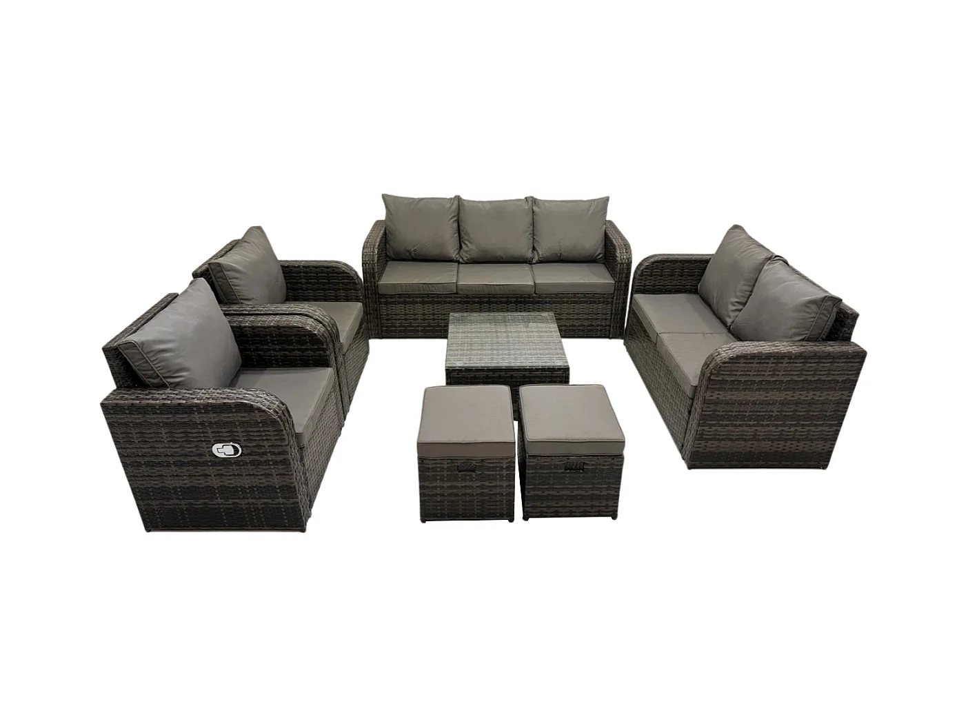 9-Sitzer Gartenmöbelset Rattan Garten Sofa im Freien Sessel mit Gehärteter Glastisch 2 kleine Fußhockern Dunkelgrau Gemischt