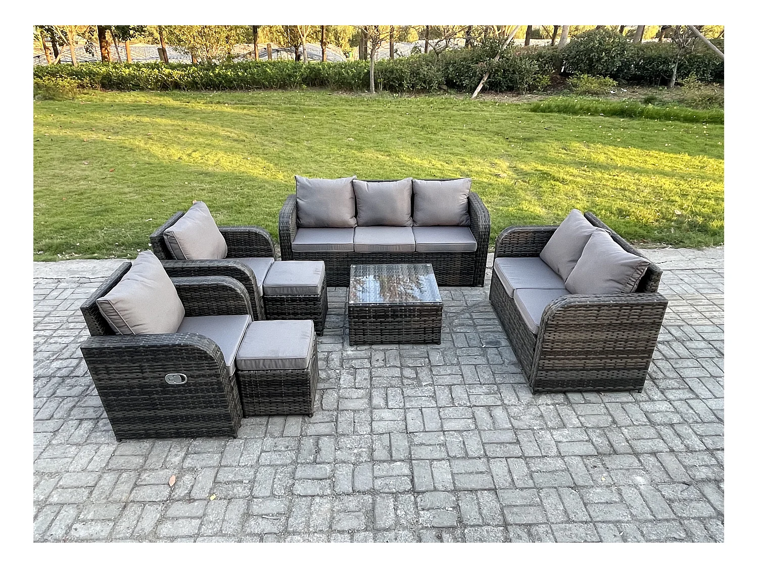 9-Sitzer Gartenmöbelset Rattan Garten Sofa im Freien Sessel mit Gehärteter Glastisch 2 kleine Fußhockern Dunkelgrau Gemischt