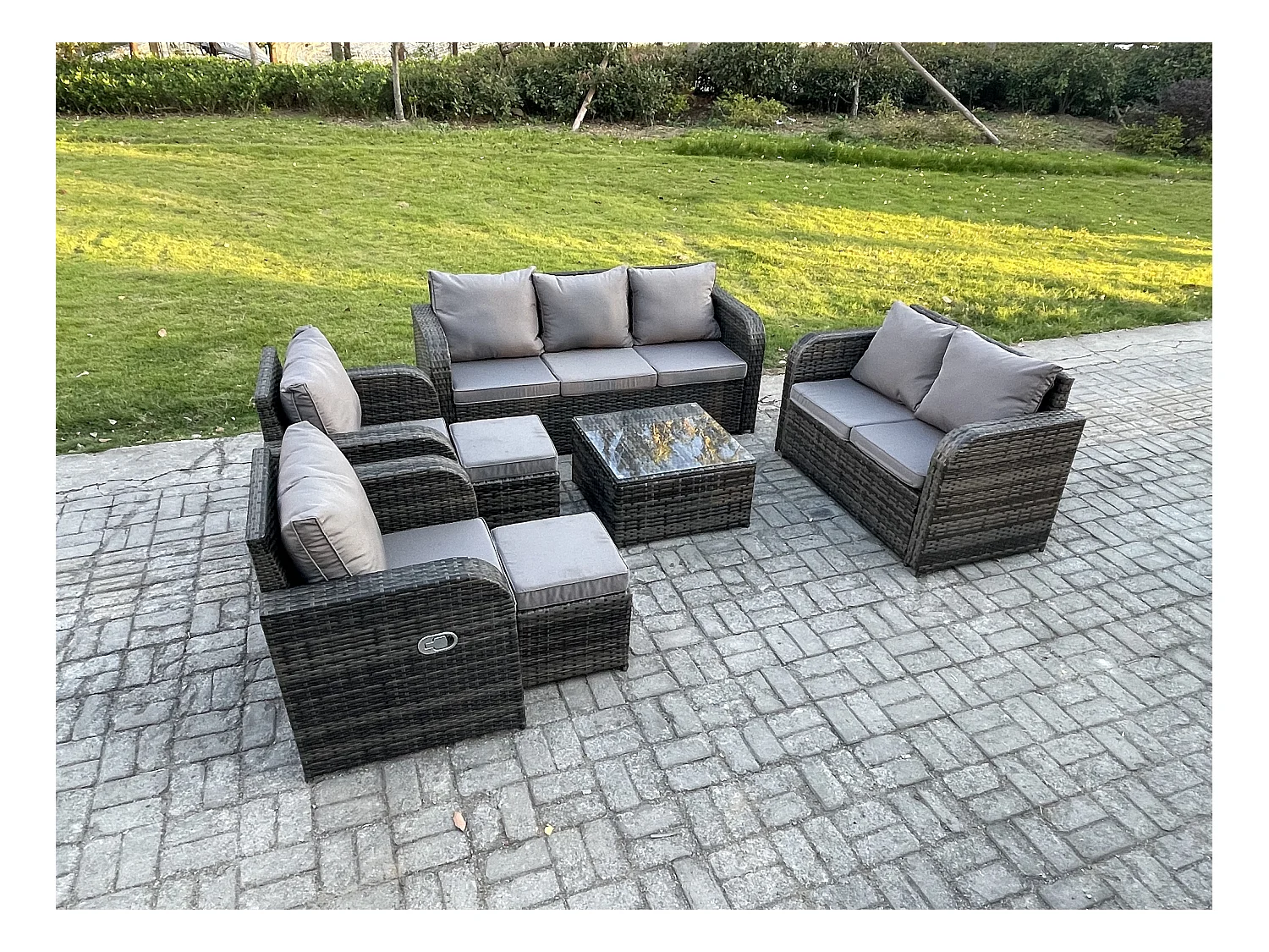 9-Sitzer Gartenmöbelset Rattan Garten Sofa im Freien Sessel mit Gehärteter Glastisch 2 kleine Fußhockern Dunkelgrau Gemischt