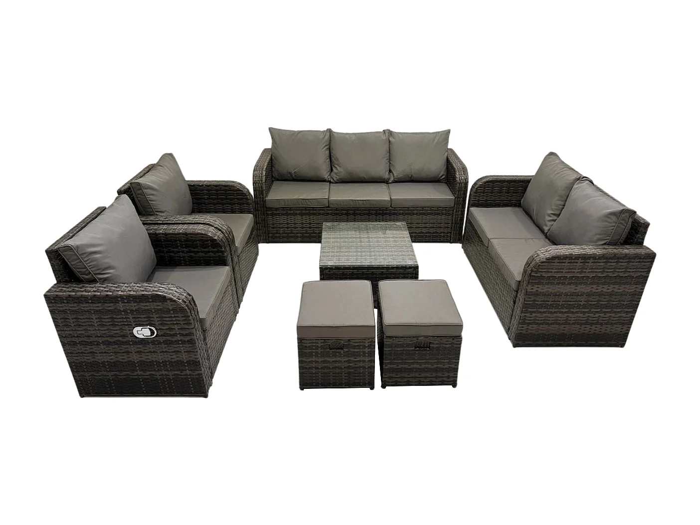 9-Sitzer Gartenmöbelset Rattan Garten Sofa im Freien Sessel mit Gehärteter Glastisch 2 kleine Fußhockern Dunkelgrau Gemischt