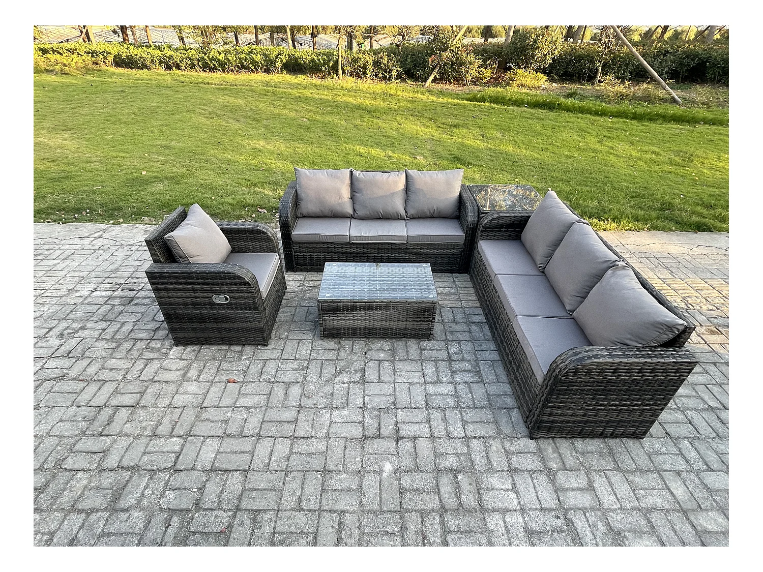 7-Sitzer Rattan Gartenmöbel Sofa Set Tisch & Stühle Set mit 3-Sitzer Sofa Liegestühle 3-Sitzer Sofa Beistelltisch Dunkelgrau Gemischt