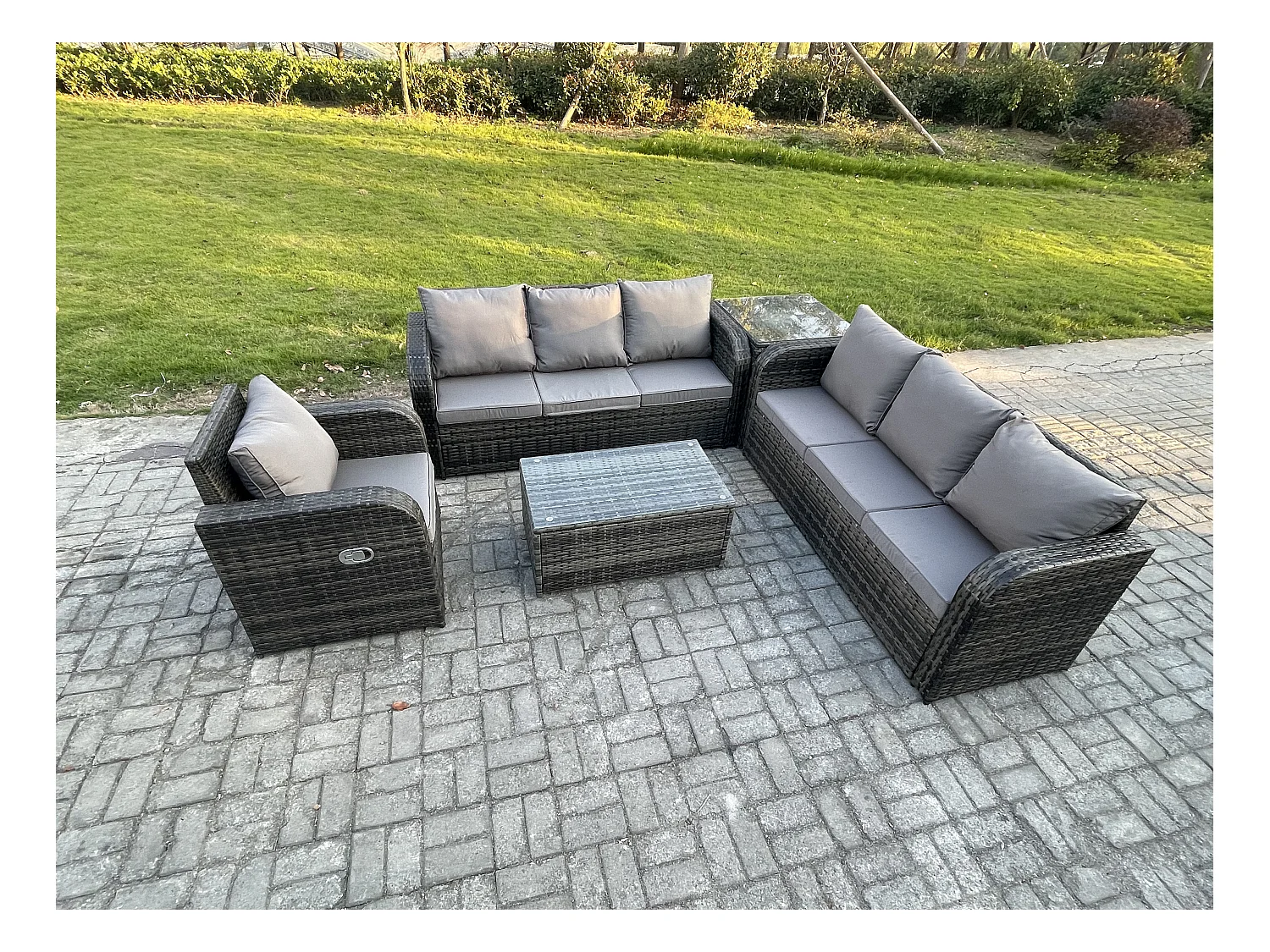 7-Sitzer Rattan Gartenmöbel Sofa Set Tisch & Stühle Set mit 3-Sitzer Sofa Liegestühle 3-Sitzer Sofa Beistelltisch Dunkelgrau Gemischt