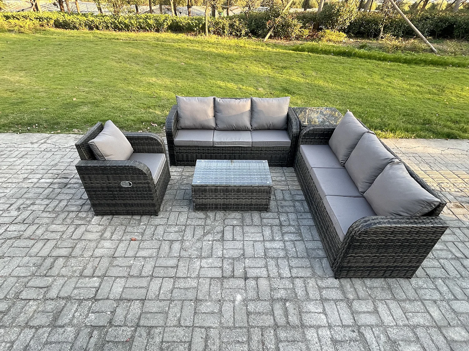 7 places Ensemble de canapés en rotin avec Canapé 3 places Chaise inclinable Canapé 3 places Table d'appoint Gris foncé mixte