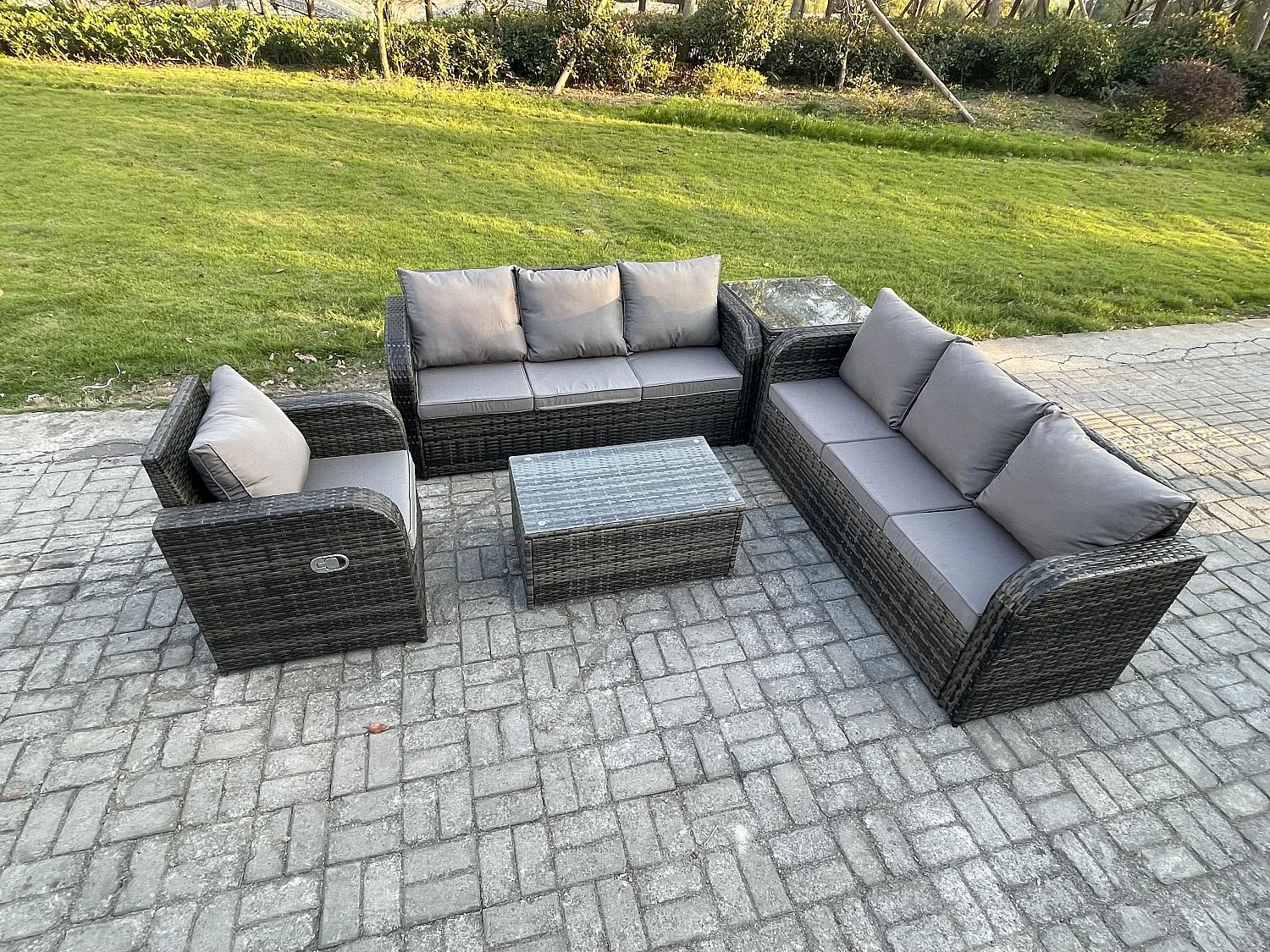 7 places Ensemble de canapés en rotin avec Canapé 3 places Chaise inclinable Canapé 3 places Table d'appoint Gris foncé mixte