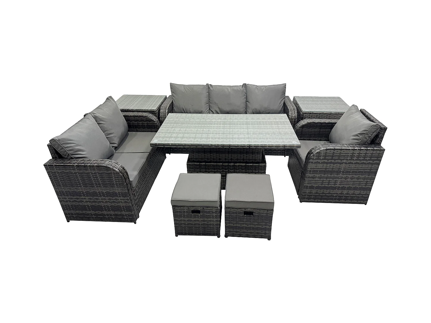 Ensemble Repas de Jardin Exterieur Table à manger réglable en hauteur Chaise inclinable Canapé avec 2 Tables d'appoint 2 Petits tabourets Gris foncé mixte