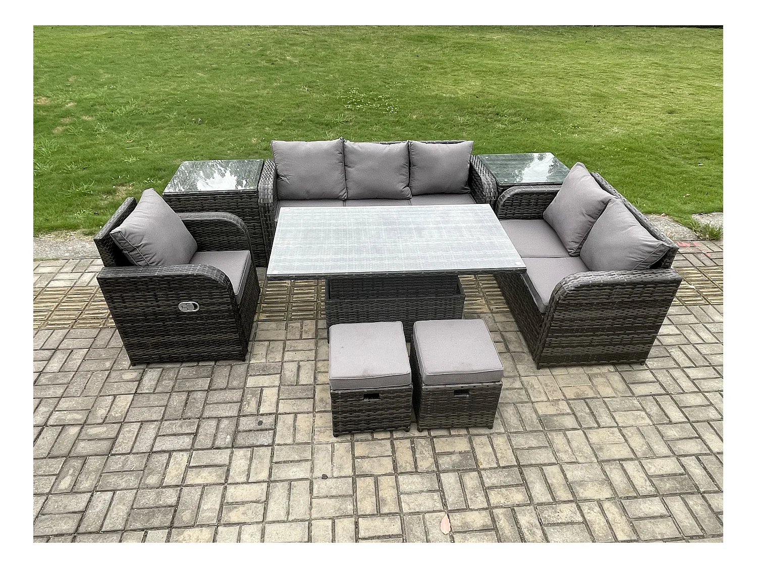 Ensemble Repas de Jardin Exterieur Table à manger réglable en hauteur Chaise inclinable Canapé avec 2 Tables d'appoint 2 Petits tabourets Gris foncé mixte