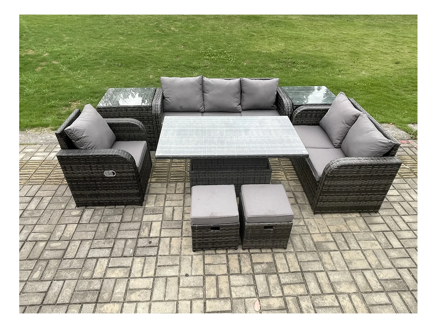 Ensemble Repas de Jardin Exterieur Table à manger réglable en hauteur Chaise inclinable Canapé avec 2 Tables d'appoint 2 Petits tabourets Gris foncé mixte