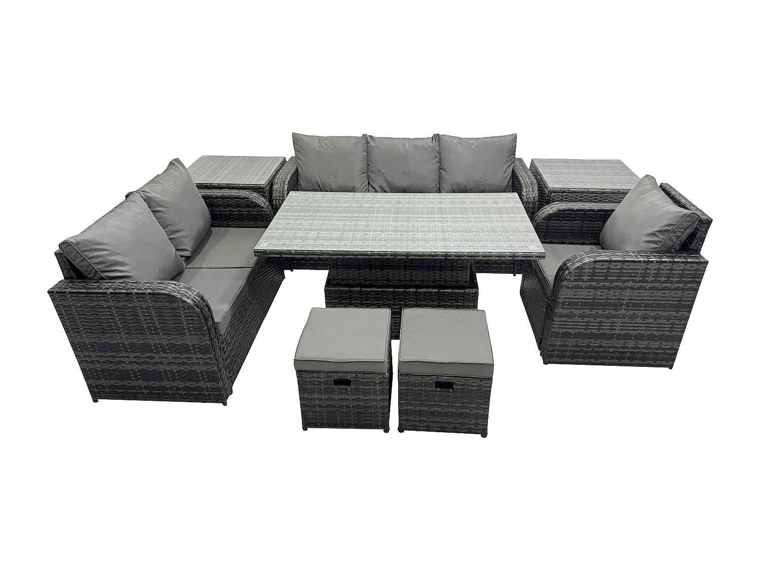 Gartenmöbel Lounge Sofa Set Patio höhenverstellbarer Tisch Liegestühle Sofa mit 2 Beistelltischen 2 kleine Fußhockern Dunkelgrau Gemischt