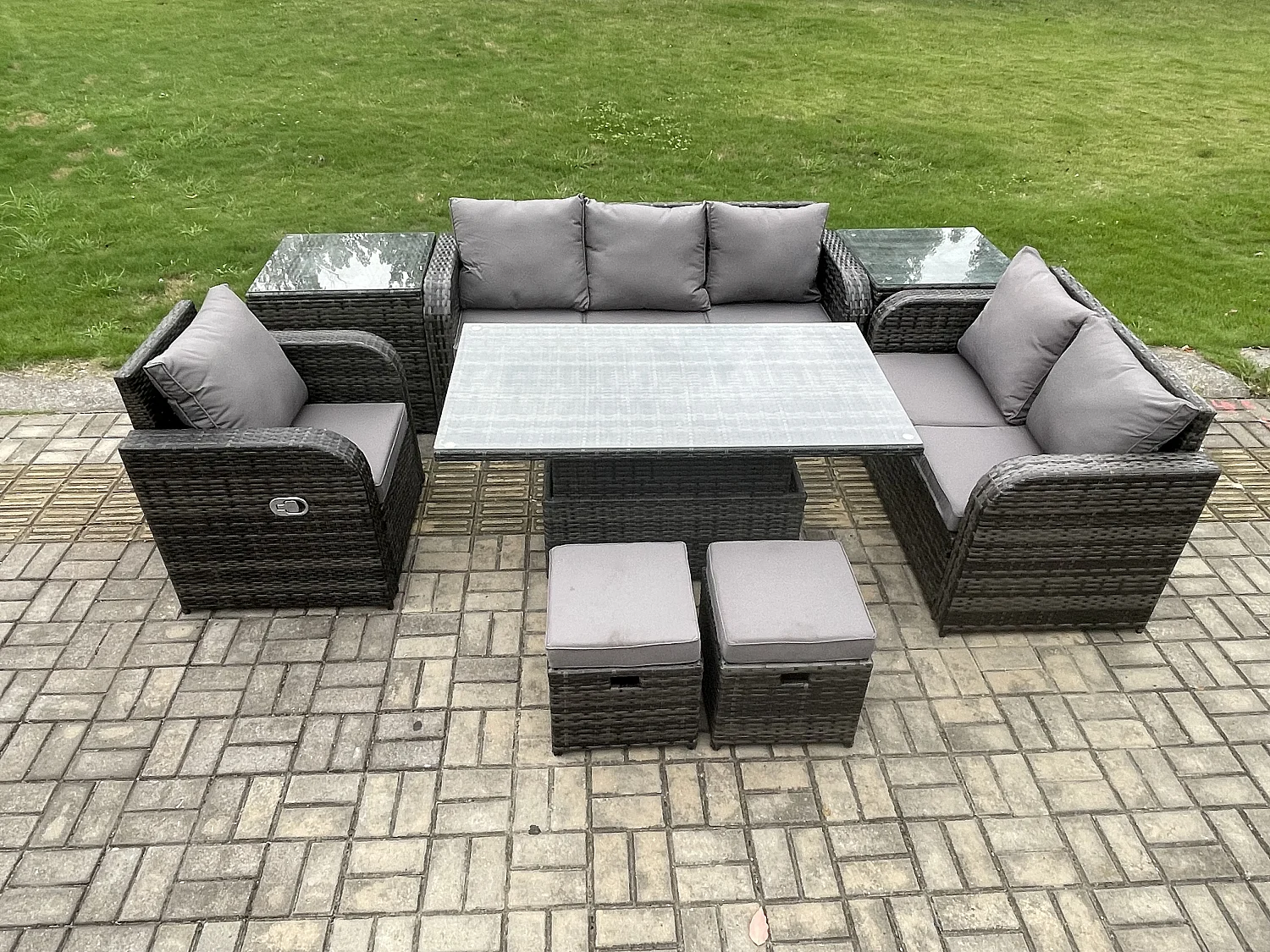 Gartenmöbel Lounge Sofa Set Patio höhenverstellbarer Tisch Liegestühle Sofa mit 2 Beistelltischen 2 kleine Fußhockern Dunkelgrau Gemischt