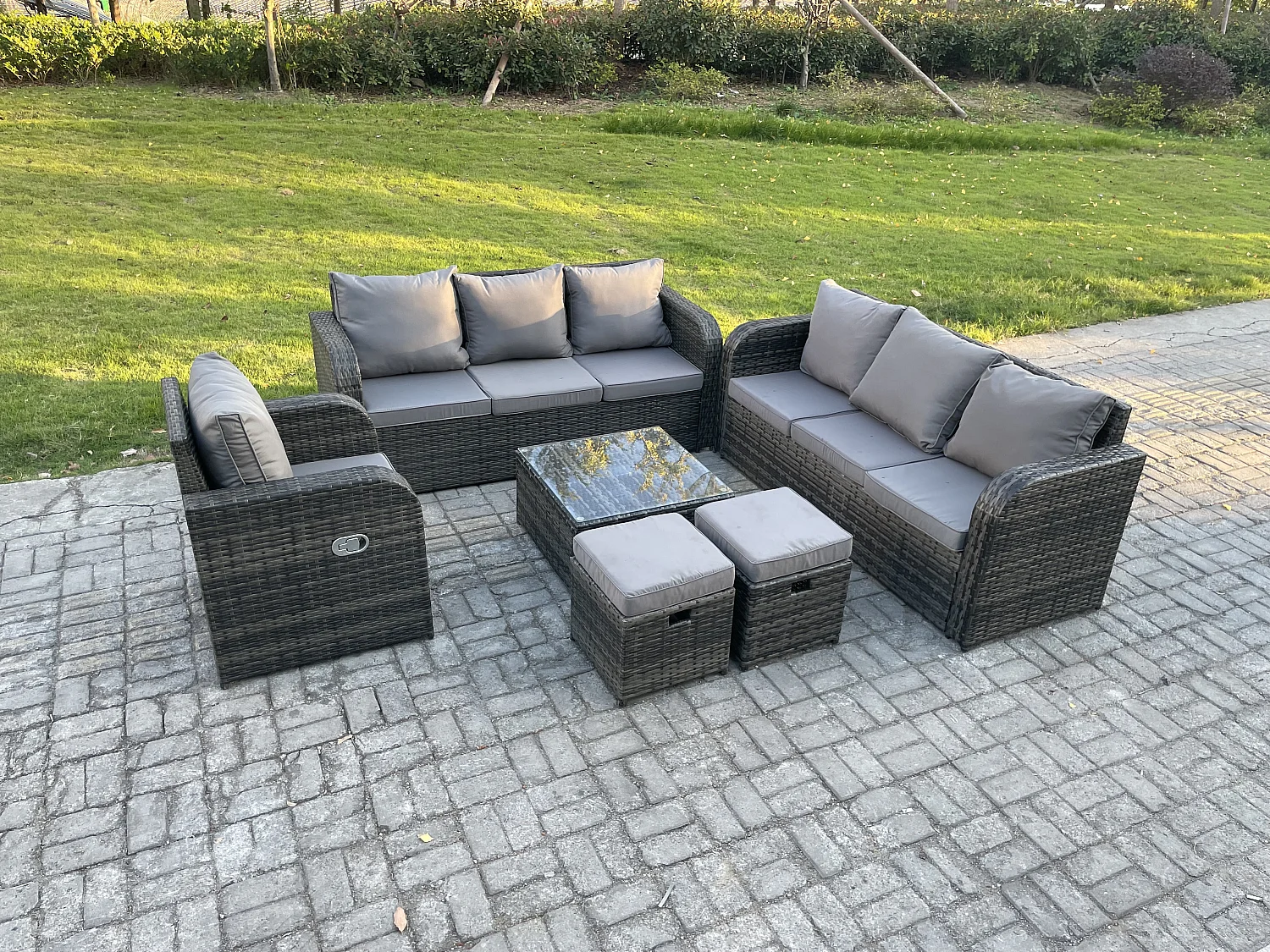 Salon de jardin exterieur avec Canapés Table basse carrée Chaise inclinable 2 Petits tabourets Gris foncé mixte