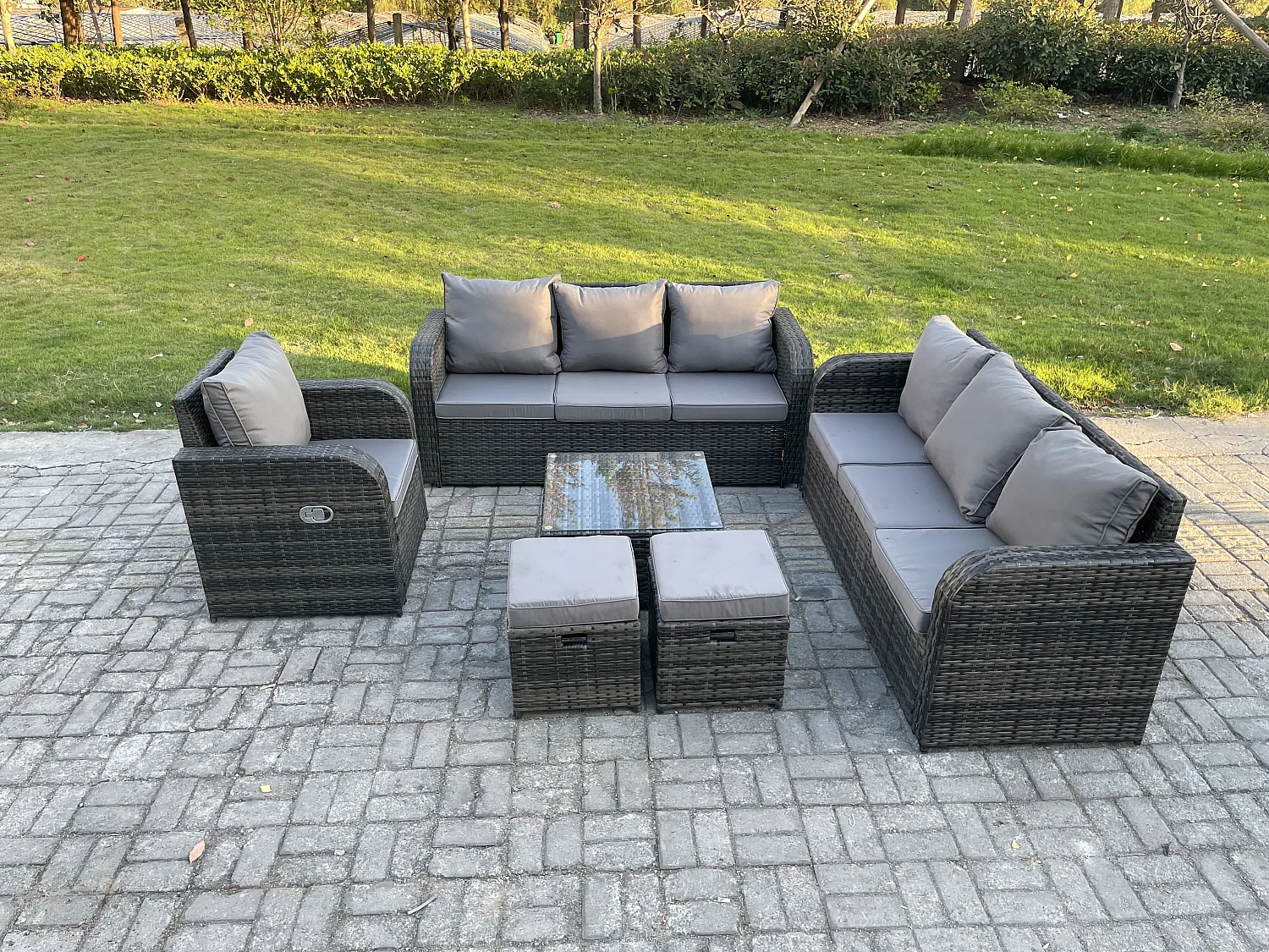 Salon de jardin exterieur avec Canapés Table basse carrée Chaise inclinable 2 Petits tabourets Gris foncé mixte