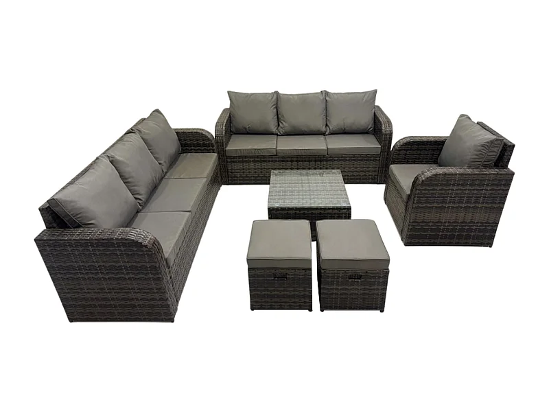 Salon de jardin exterieur avec Canapés Table basse carrée Chaise inclinable 2 Petits tabourets Gris foncé mixte