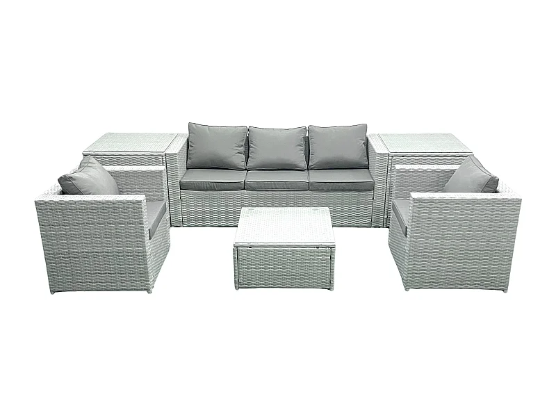 5-Sitzer Polyrattan Gartenmöbel Set mit 3-Sitzer Sofa 2 Sesseln Quadratischer Couchtisch 2 Beistelltischen Hellgrau gemischt