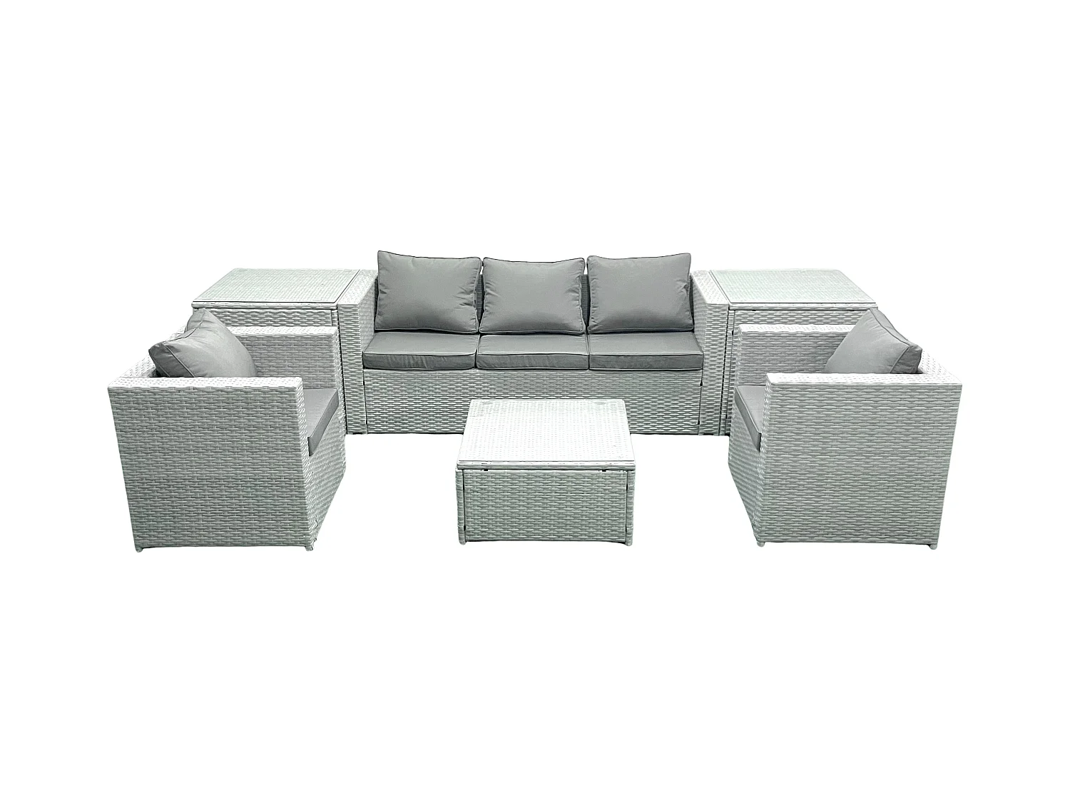 5-Sitzer Polyrattan Gartenmöbel Set mit 3-Sitzer Sofa 2 Sesseln Quadratischer Couchtisch 2 Beistelltischen Hellgrau gemischt