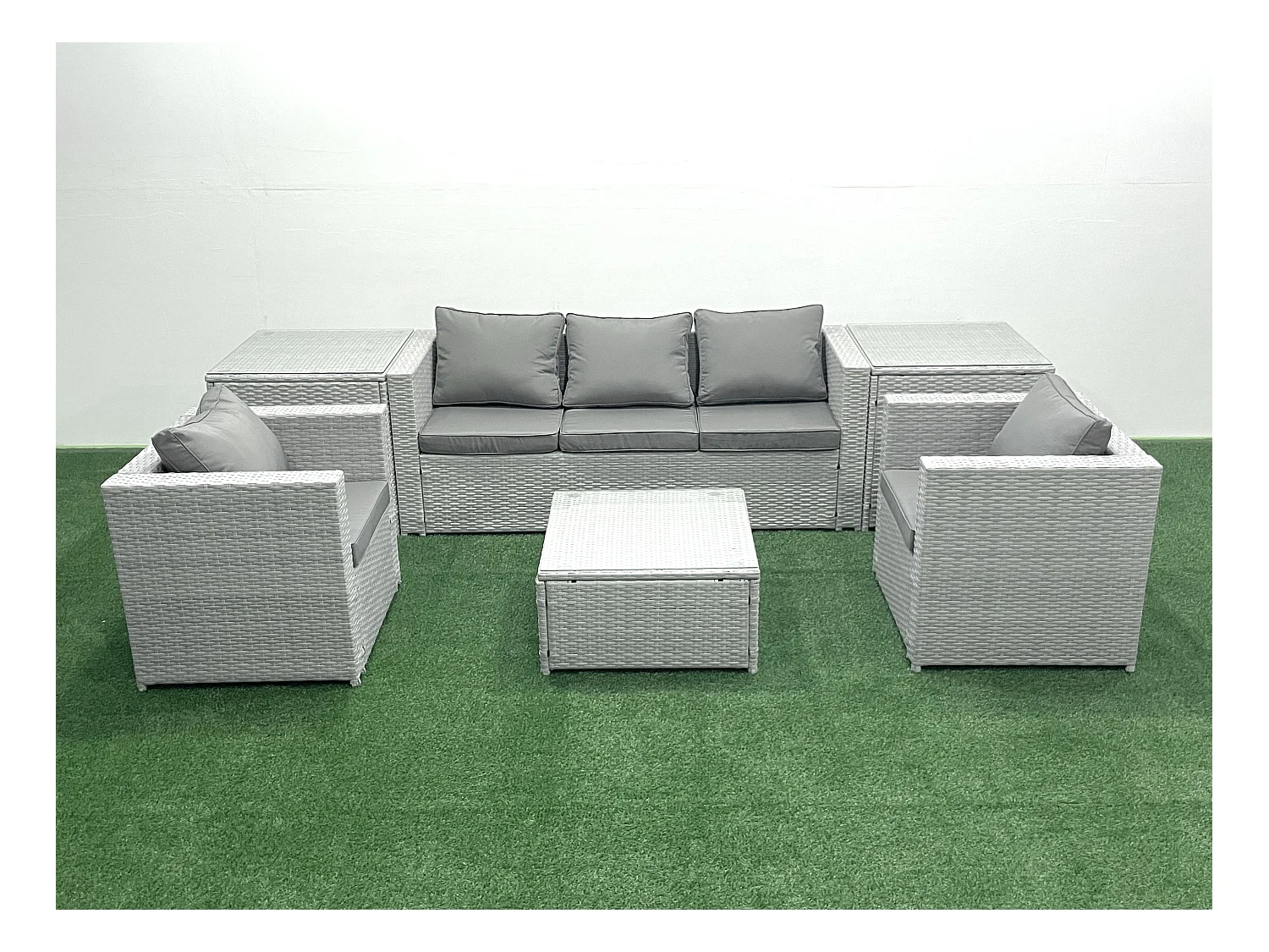 5-Sitzer Polyrattan Gartenmöbel Set mit 3-Sitzer Sofa 2 Sesseln Quadratischer Couchtisch 2 Beistelltischen Hellgrau gemischt