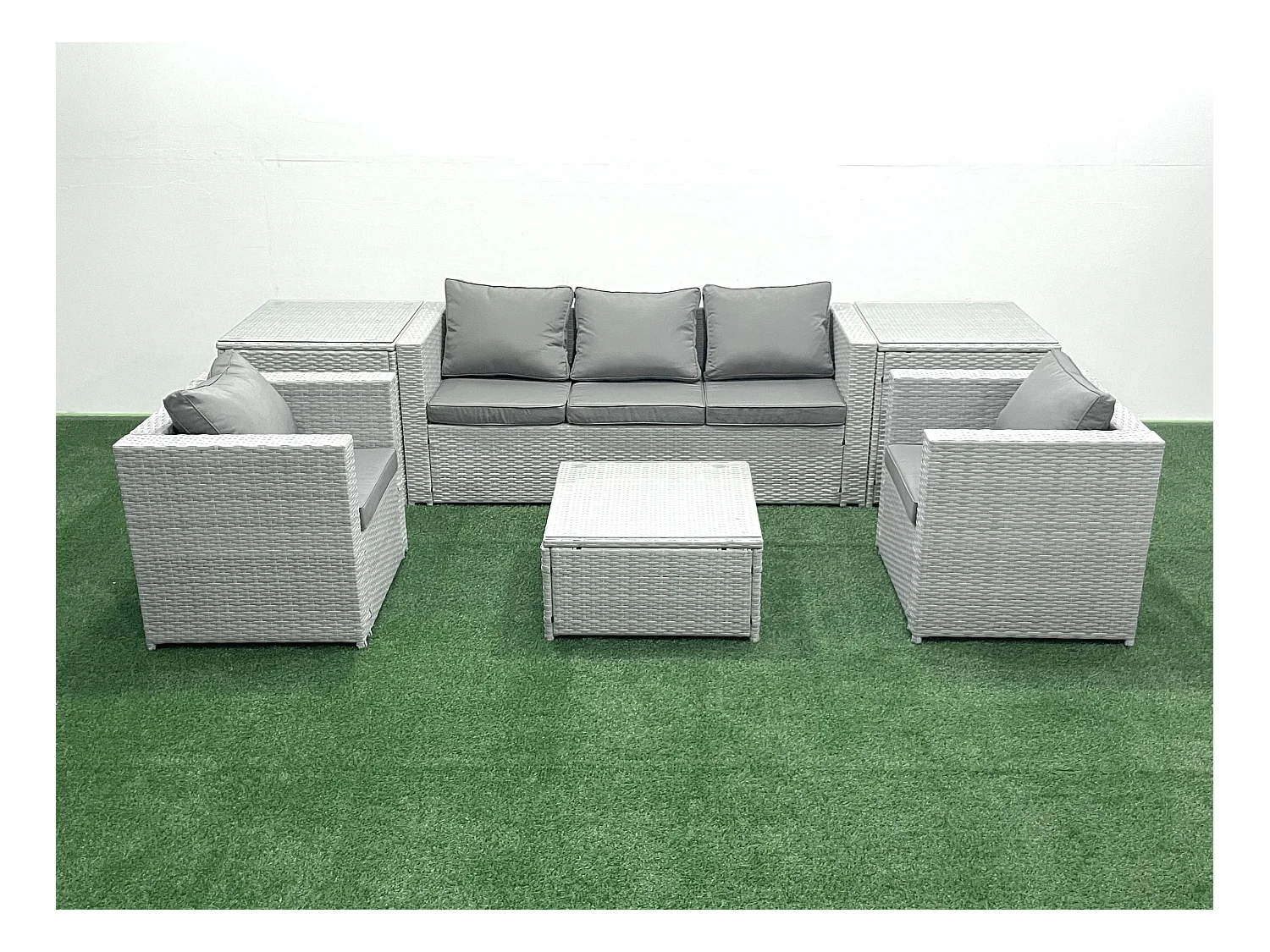 5-Sitzer Polyrattan Gartenmöbel Set mit 3-Sitzer Sofa 2 Sesseln Quadratischer Couchtisch 2 Beistelltischen Hellgrau gemischt