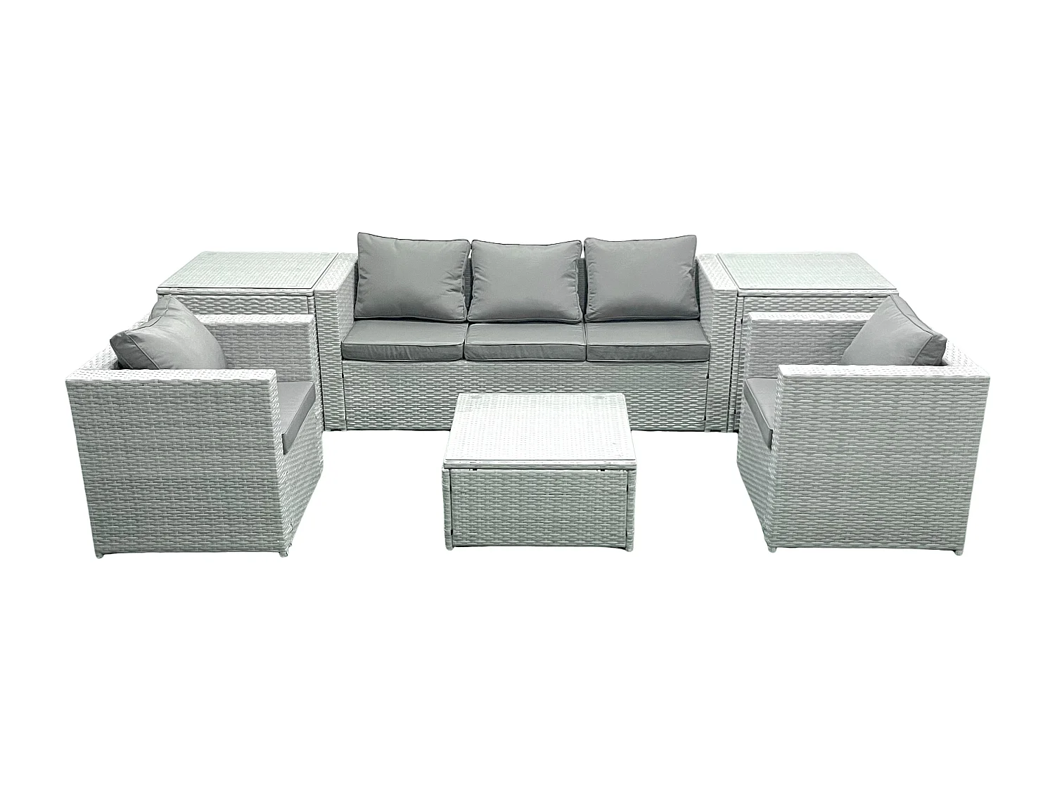 5-Sitzer Polyrattan Gartenmöbel Set mit 3-Sitzer Sofa 2 Sesseln Quadratischer Couchtisch 2 Beistelltischen Hellgrau gemischt