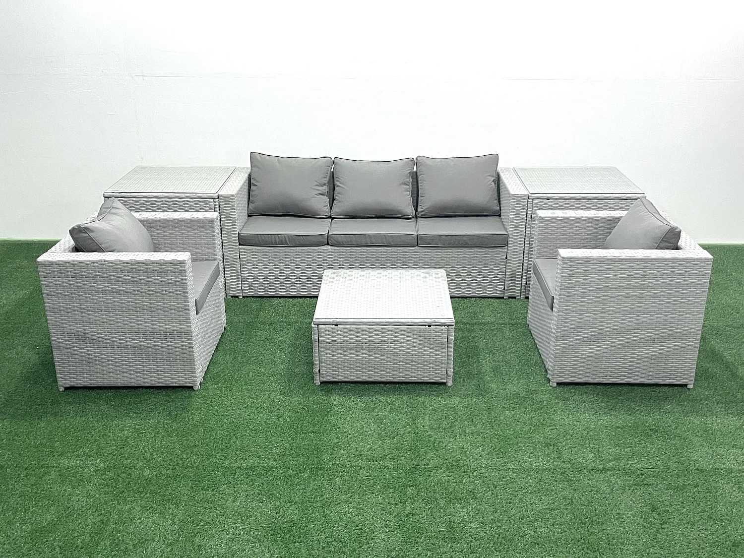 5-Sitzer Polyrattan Gartenmöbel Set mit 3-Sitzer Sofa 2 Sesseln Quadratischer Couchtisch 2 Beistelltischen Hellgrau gemischt