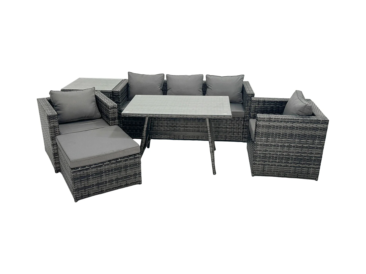 6-Sitzer Gartenmöbel Lounge Sofa Set mit Sofa Rechteckiger Esstisch 2 Sesseln Hocker Dunkelgrau Gemischt