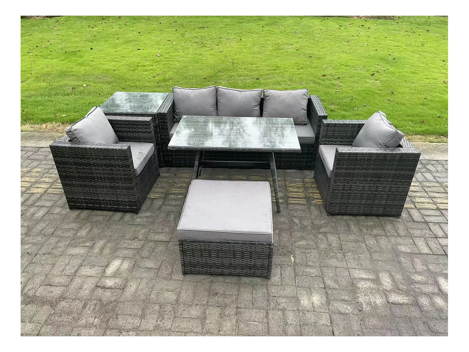 6-Sitzer Gartenmöbel Lounge Sofa Set mit Sofa Rechteckiger Esstisch 2 Sesseln Hocker Dunkelgrau Gemischt