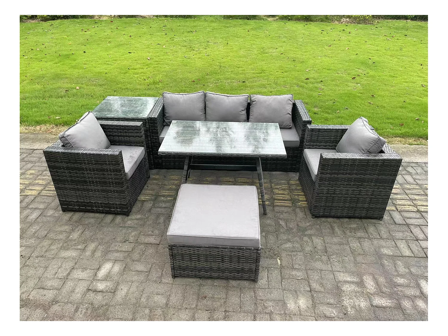 6-Sitzer Gartenmöbel Lounge Sofa Set mit Sofa Rechteckiger Esstisch 2 Sesseln Hocker Dunkelgrau Gemischt