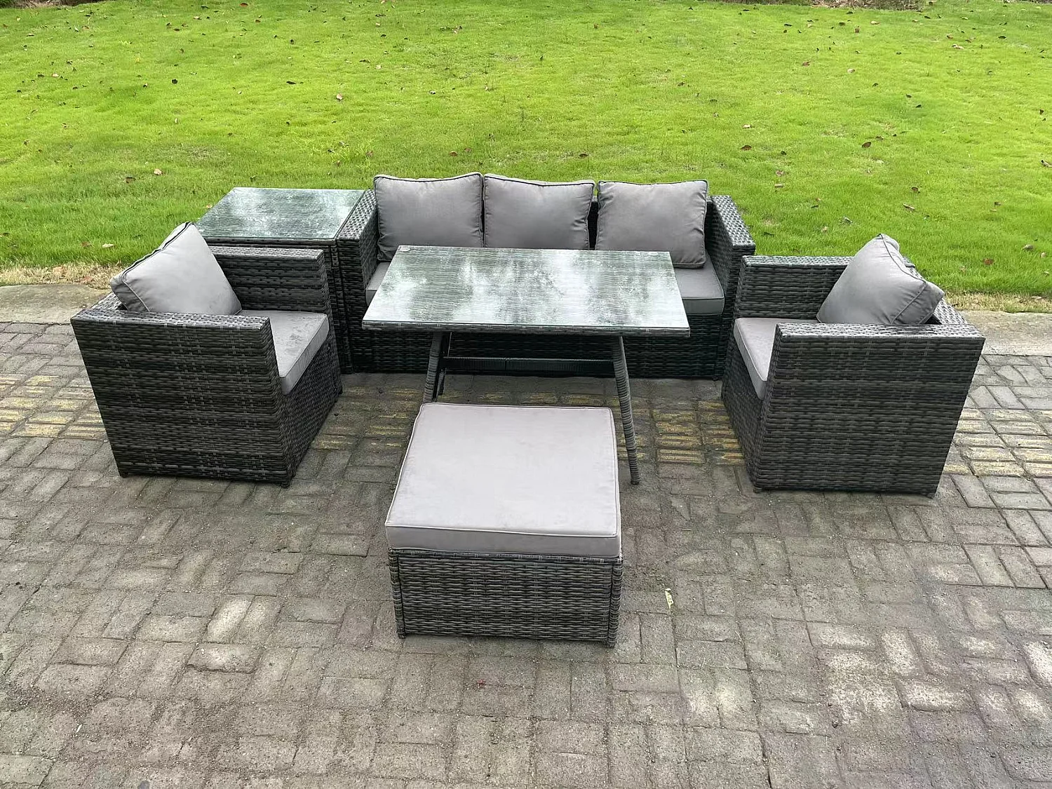 6-Sitzer Gartenmöbel Lounge Sofa Set mit Sofa Rechteckiger Esstisch 2 Sesseln Hocker Dunkelgrau Gemischt